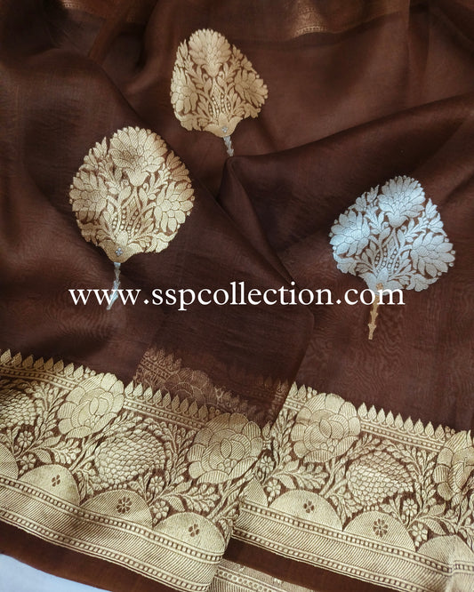 Coffee-Brown Pure Kora Silk Banarasi Saree