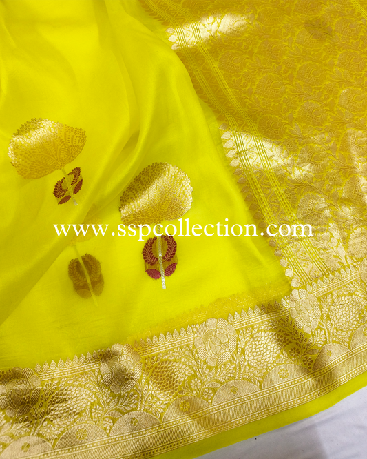 Lemon-Yellow Pure Kora Silk Tilfi Banarasi Saree