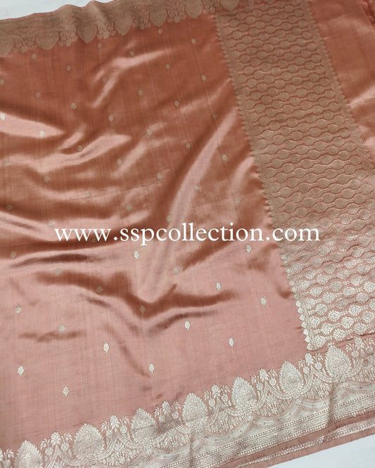 Brandy-Rose Pure Mango Silk Silver Zari Banarasi Saree