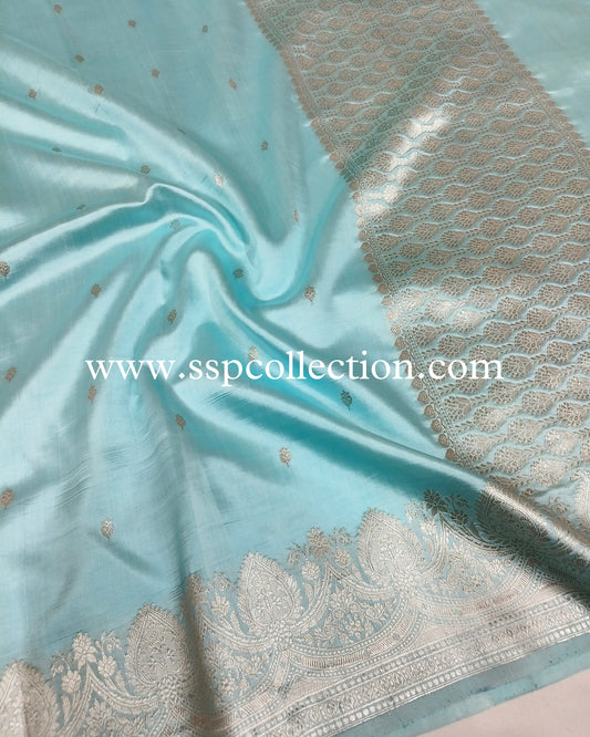 Powder-Blue Pure Mango Silk Silver Zari Banarasi Saree