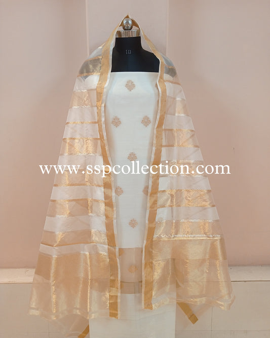 White Handwoven Pure Banarasi Suit