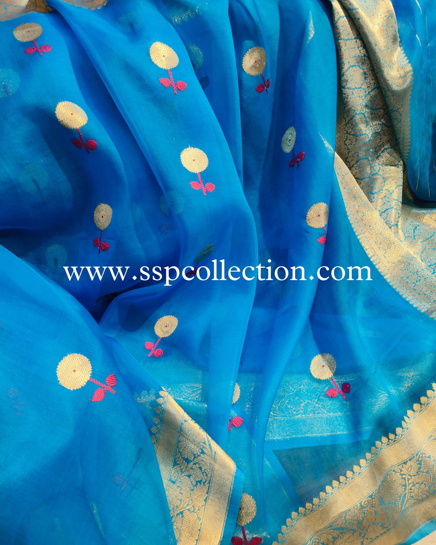 French-Blue Pure Kora Silk Banarasi Saree