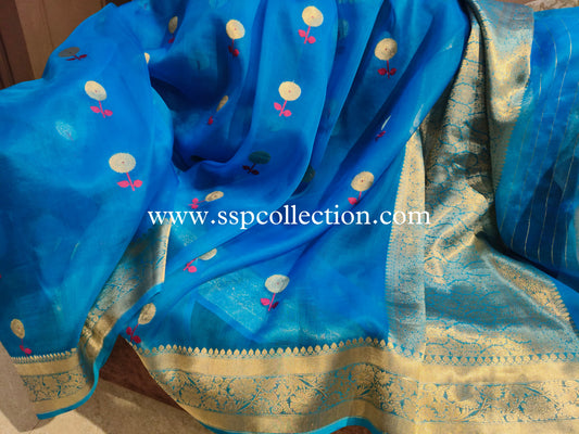 French-Blue Pure Kora Silk Banarasi Saree