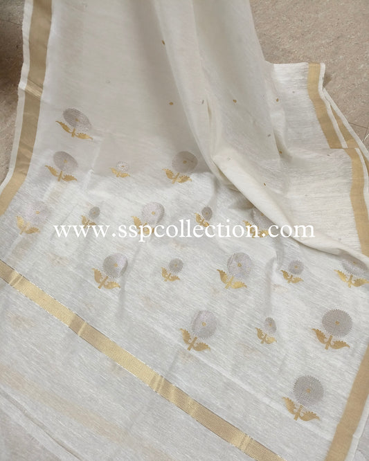 White Banarasi Pure Linen Dupatta