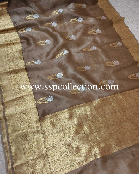 Dusty-Brown Pure Kora Silk Banarasi Saree
