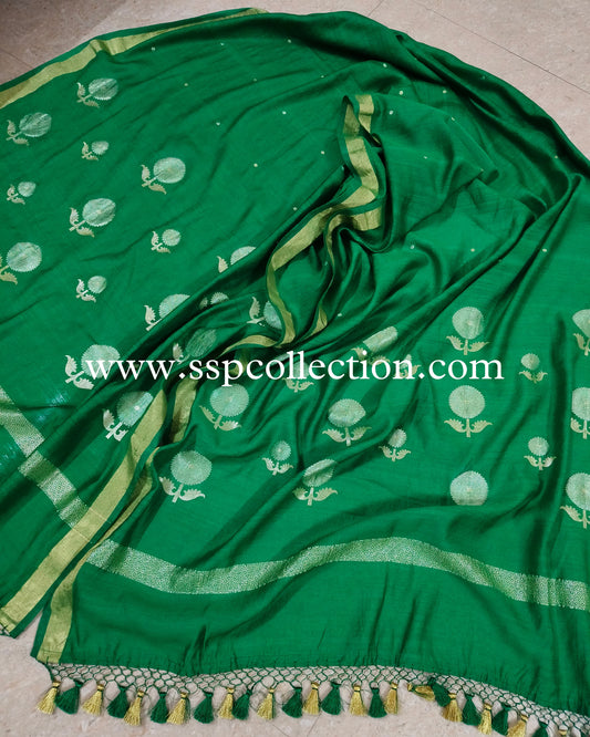 Green Pure Moonga Silk Banarasi Dupatta