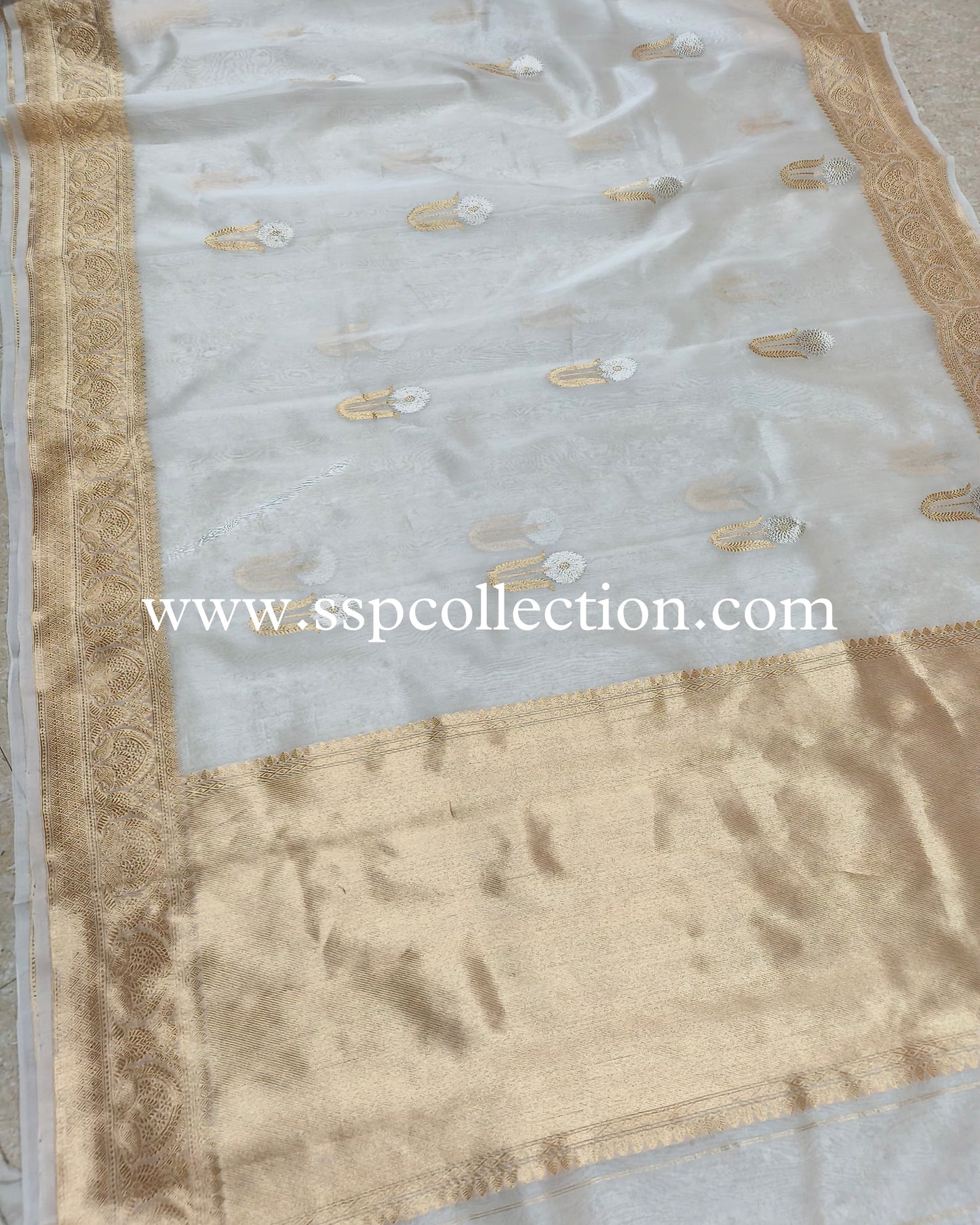 White Pure Kora Silk Banarasi Saree
