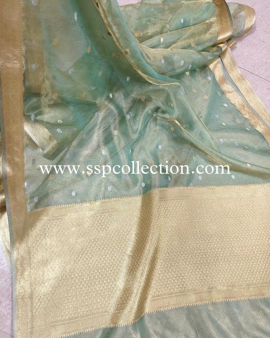Ice-Green Pure Tissue Silk Banarasi Saree