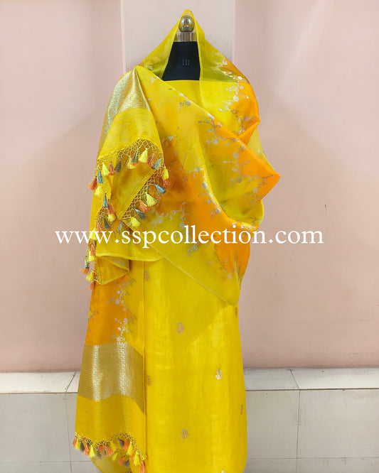Yellow Pure Kora Silk Banarasi Suit
