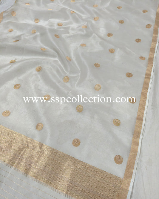 White Pure Kora Silk Chand-Tara Banarasi Dupatta