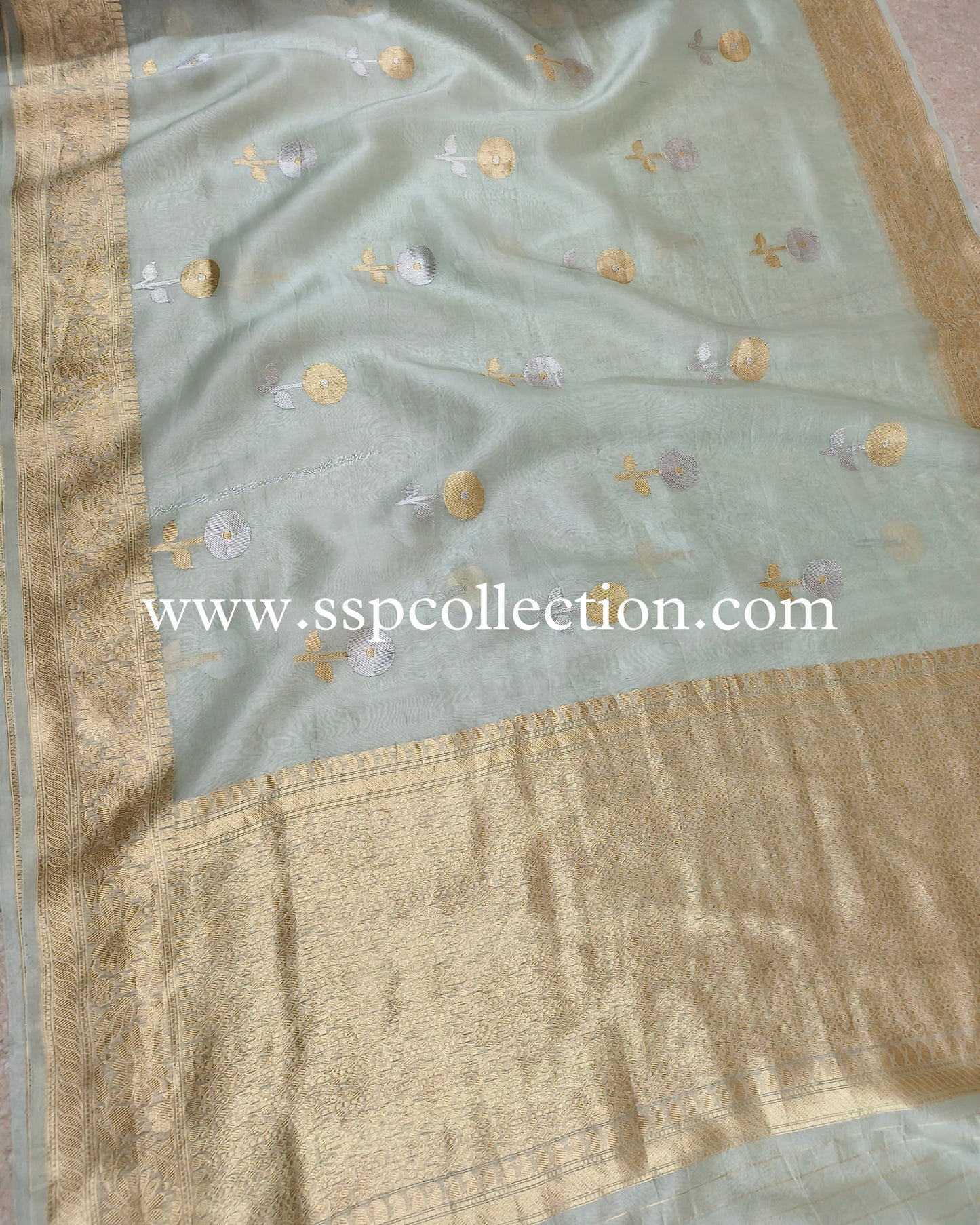 Ice-Green Pure Kora Silk Banarasi Saree