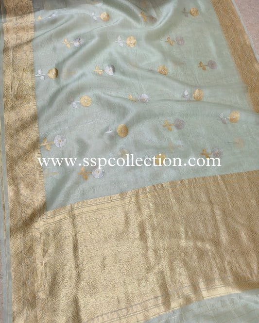 Ice-Green Pure Kora Silk Banarasi Saree