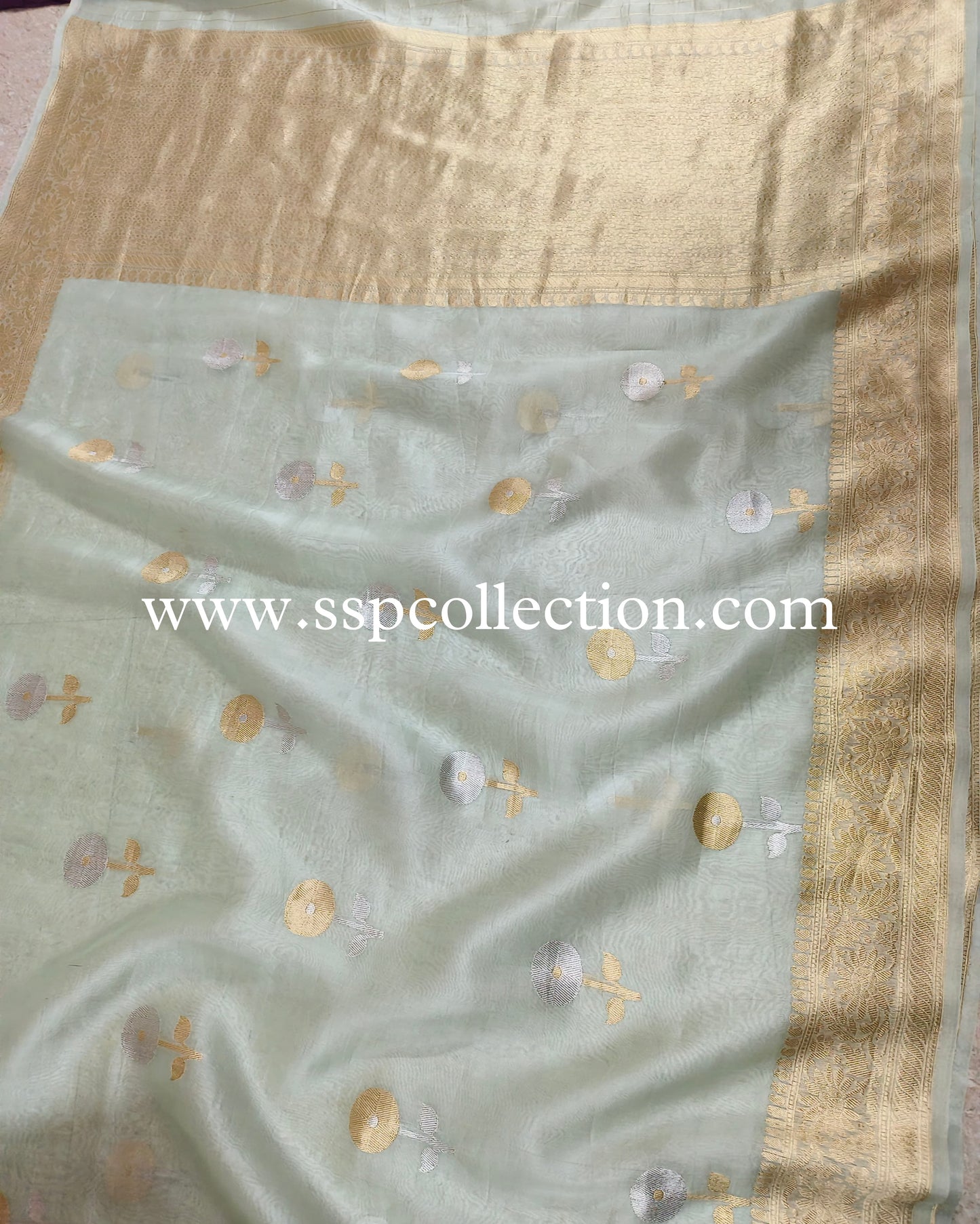 Ice-Green Pure Kora Silk Banarasi Saree
