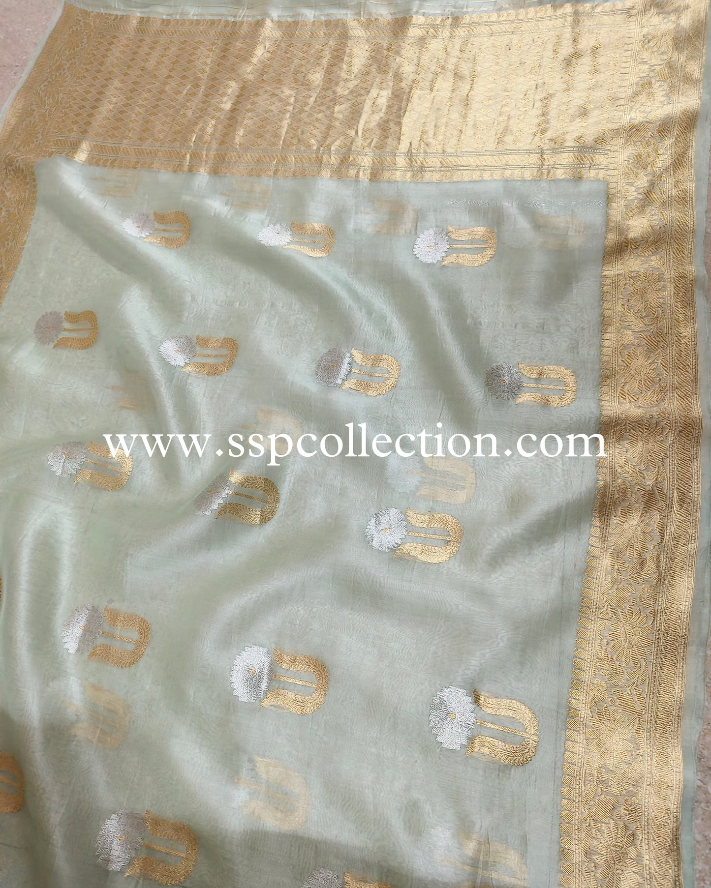 Ice-Green Pure Kora Silk Banarasi Saree
