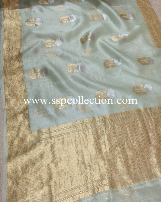 Ice-Green Pure Kora Silk Banarasi Saree