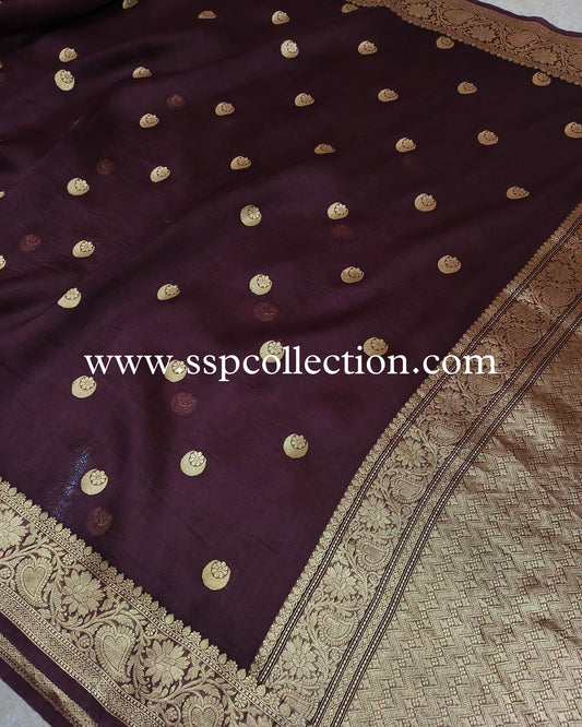 Brown Pure Kora Silk Chand-Tara Banarasi Saree