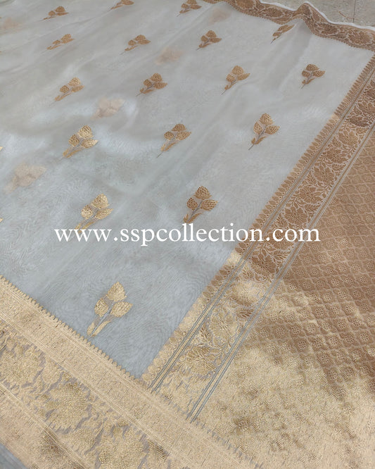White Pure Kora Silk Banarasi Saree