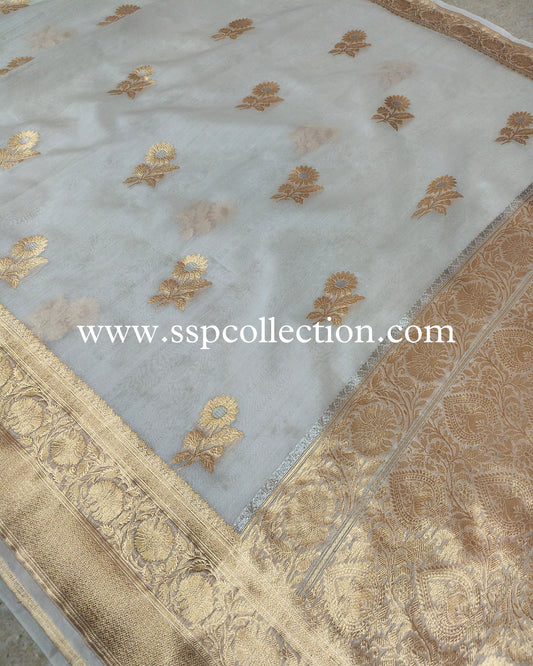 White Pure Kora Silk Banarasi Saree