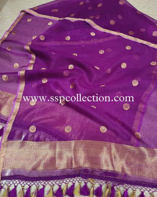Purple Pure Kora Silk Chand-Tara Banarasi Dupatta