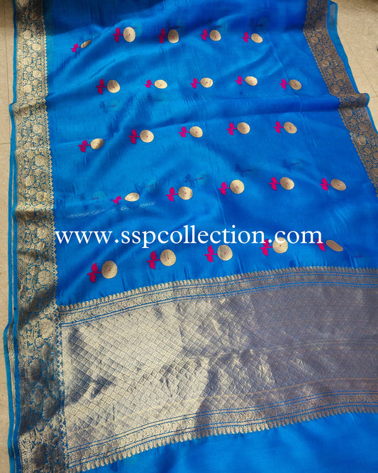 French-Blue Pure Kora Silk Banarasi Saree