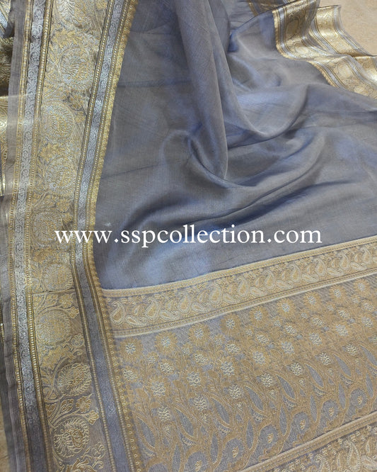Blue-Gray Pure Tissue Silk Banarasi Saree