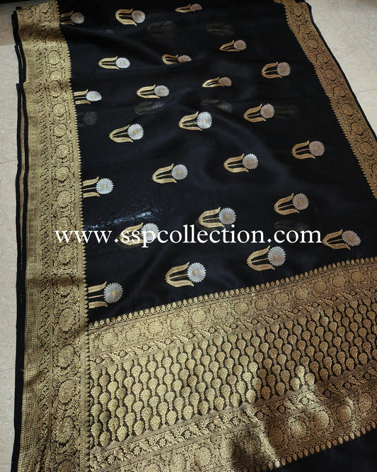 Black Pure Kora Silk Banarasi Saree