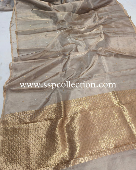 Greyish-Brown Pure Tissue Silk Banarasi Saree