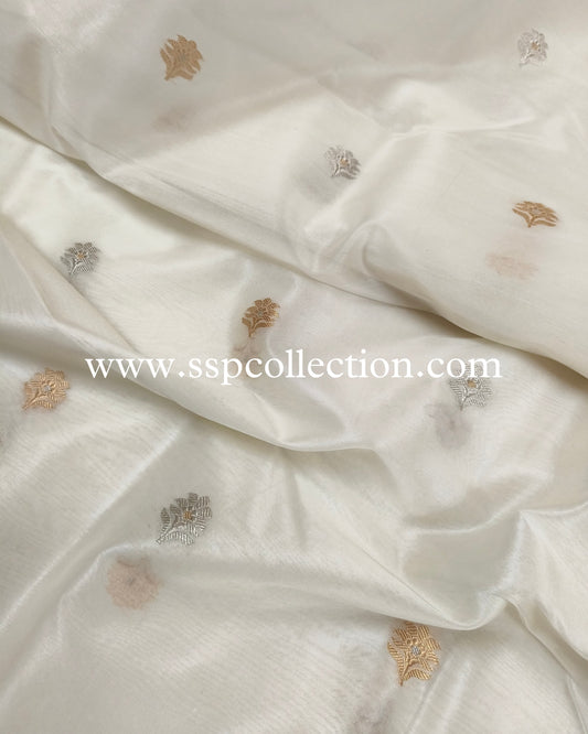 White Pure Kora Silk Banarasi Fabric