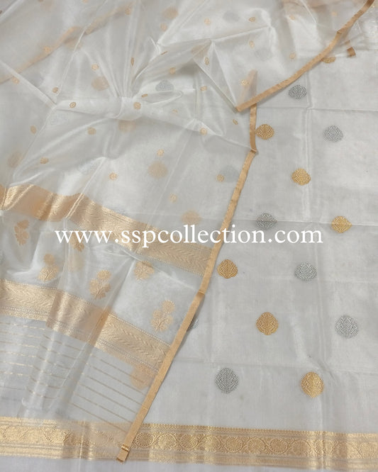 White Pure Kora Silk Banarasi Suit