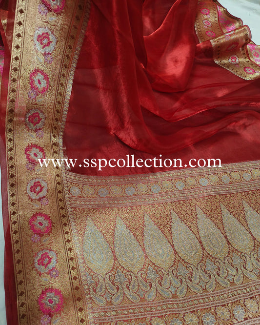 Red Paithani Pure Tissue Silk Banarasi Saree