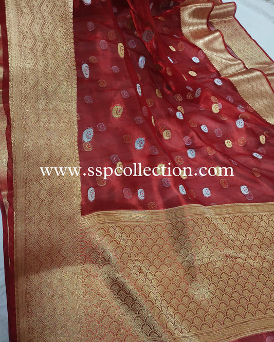 Red Pure Tissue Silk Chand-Tara Banarasi Saree
