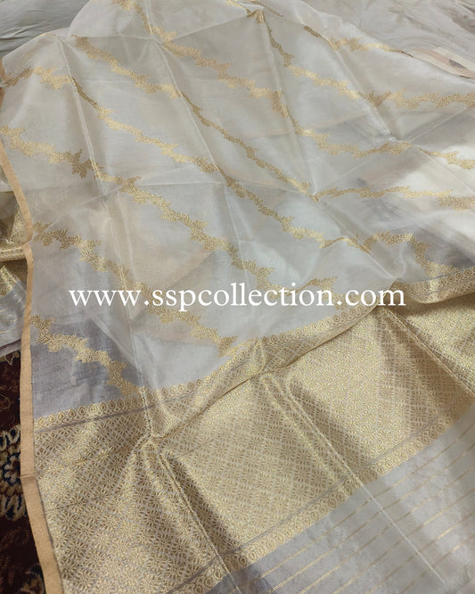 White Pure Kora Silk Banarasi Dupatta