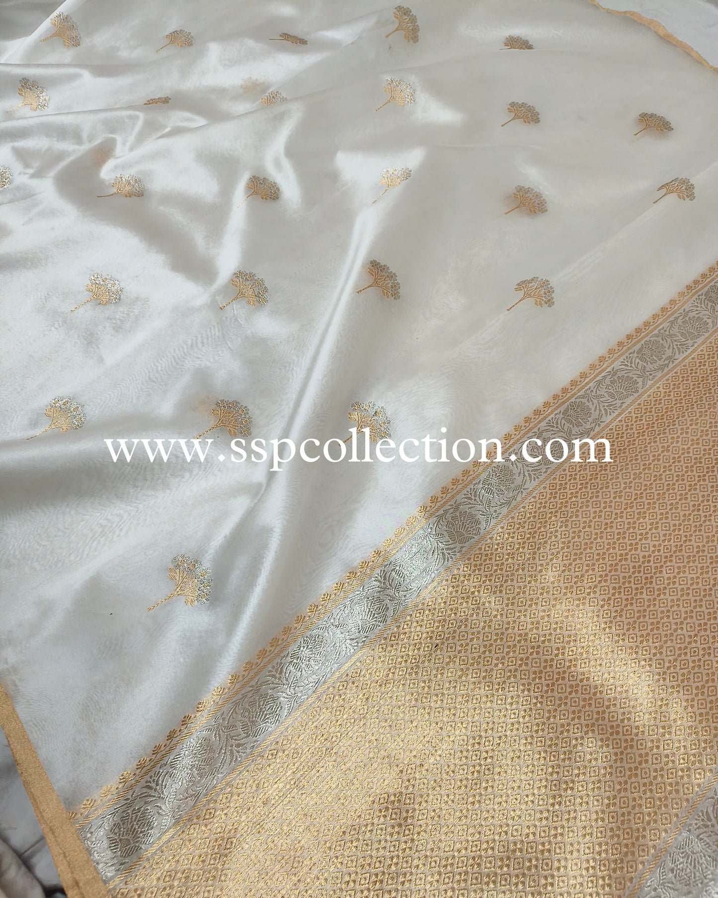 White Pure Kora Silk Banarasi Saree