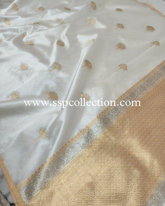 White Pure Kora Silk Banarasi Saree