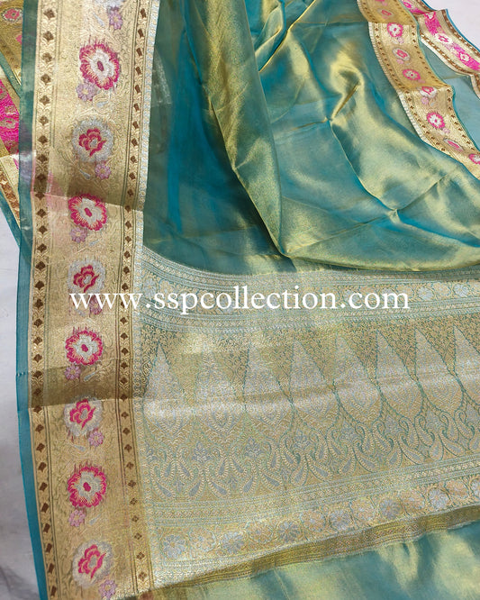 Turquoise Paithani Pure Tissue Silk Banarasi Saree