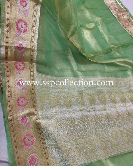 Mint-Green Paithani Pure Tissue Silk Banarasi Saree