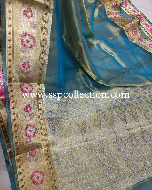 Sky-Blue Paithani Pure Tissue Silk Banarasi Saree