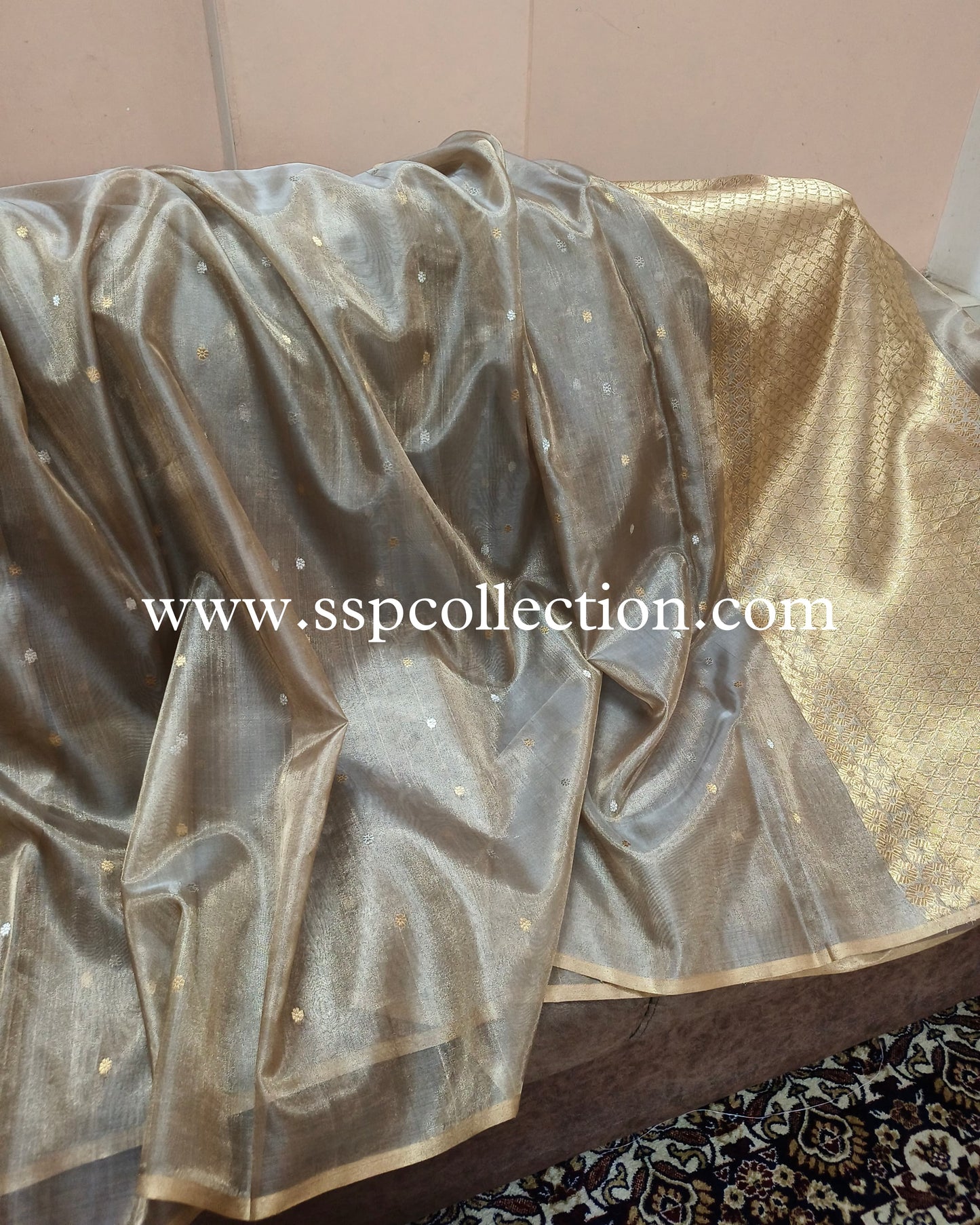 Greyish-Brown Pure Tissue Silk Banarasi Saree