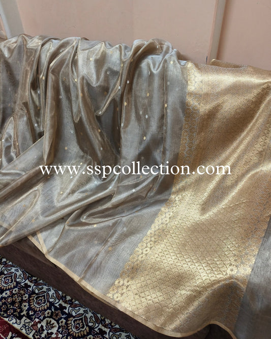 Greyish-Brown Pure Tissue Silk Banarasi Saree