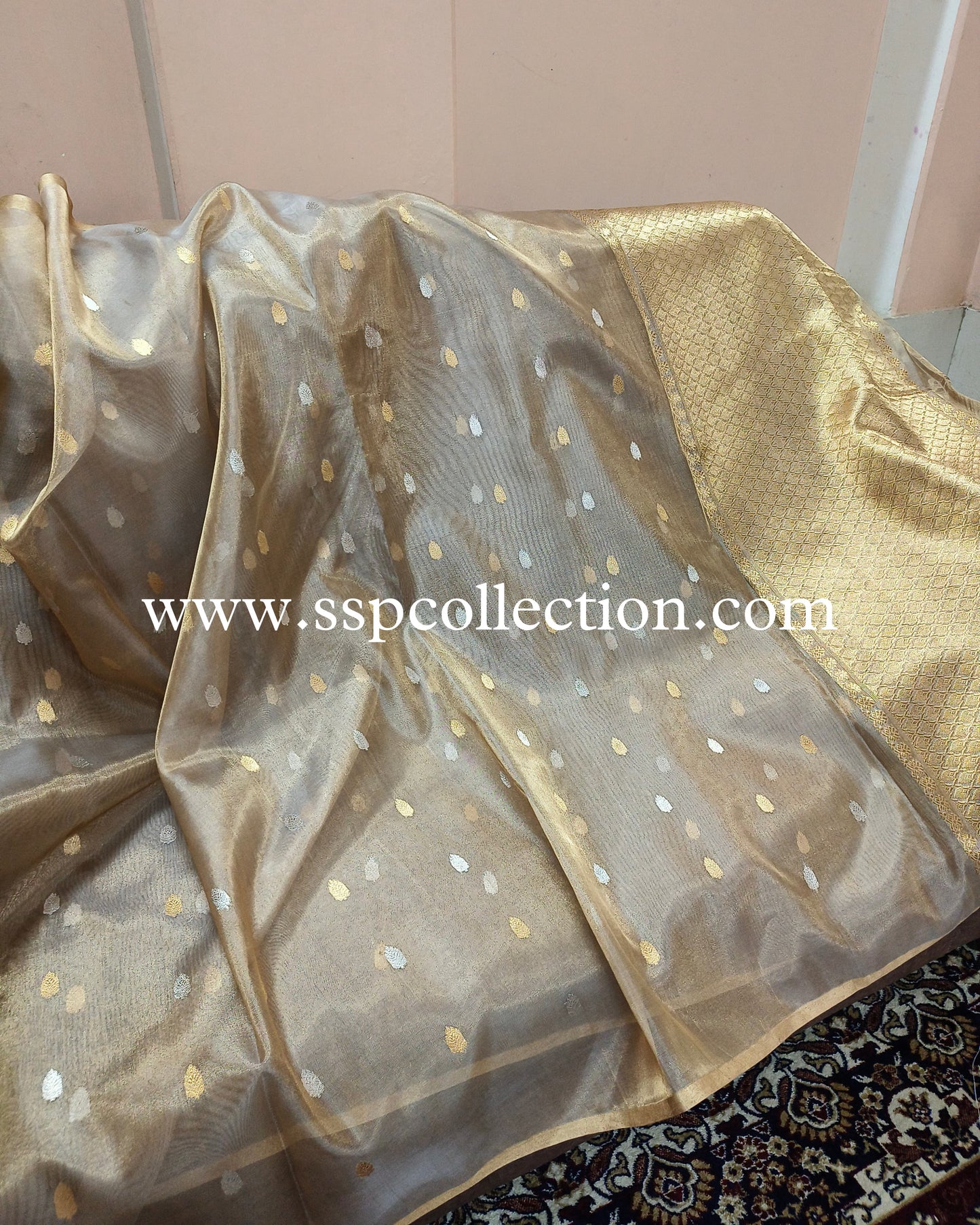 Beige-Gold Pure Tissue Silk Banarasi Saree