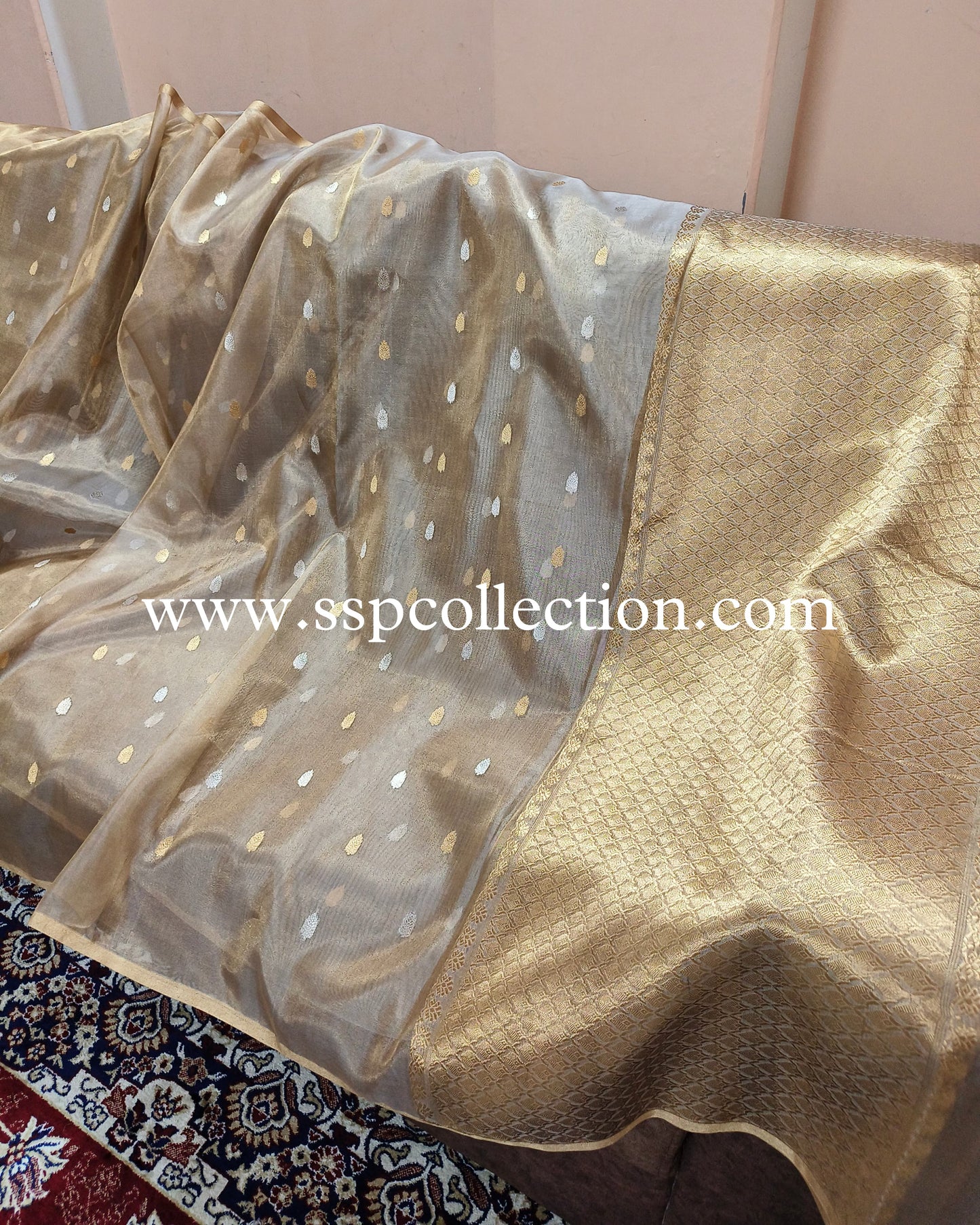 Beige-Gold Pure Tissue Silk Banarasi Saree