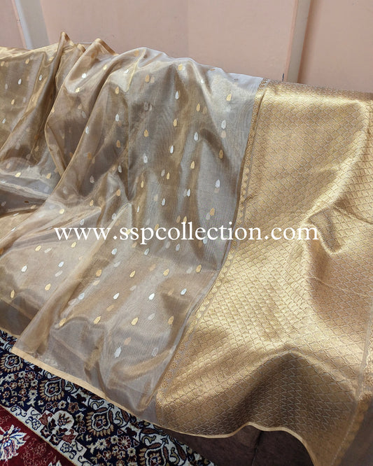 Beige-Gold Pure Tissue Silk Banarasi Saree