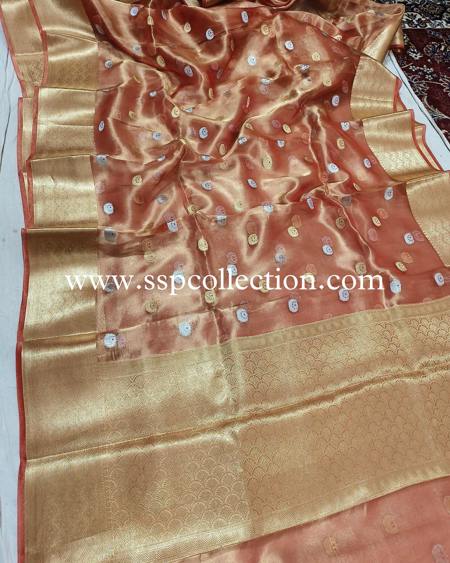 Rust Pure Tissue Silk Chand-Tara Banarasi Saree
