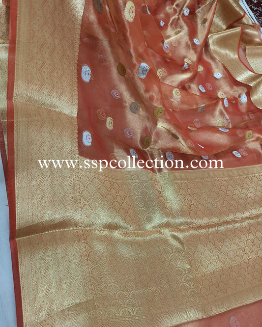 Rust Pure Tissue Silk Chand-Tara Banarasi Saree