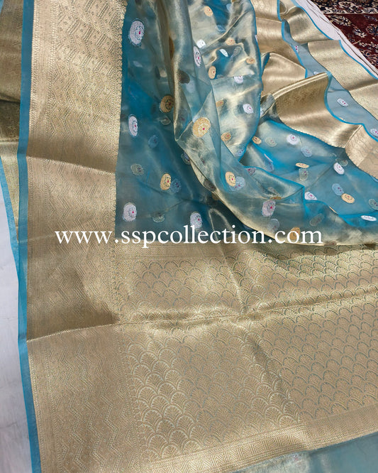 Sky-Blue Pure Tissue Silk Chand-Tara Banarasi Saree