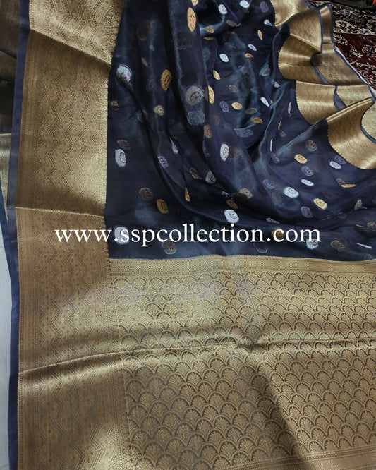 Charcoal-Gray Pure Tissue Silk Chand-Tara Banarasi Saree