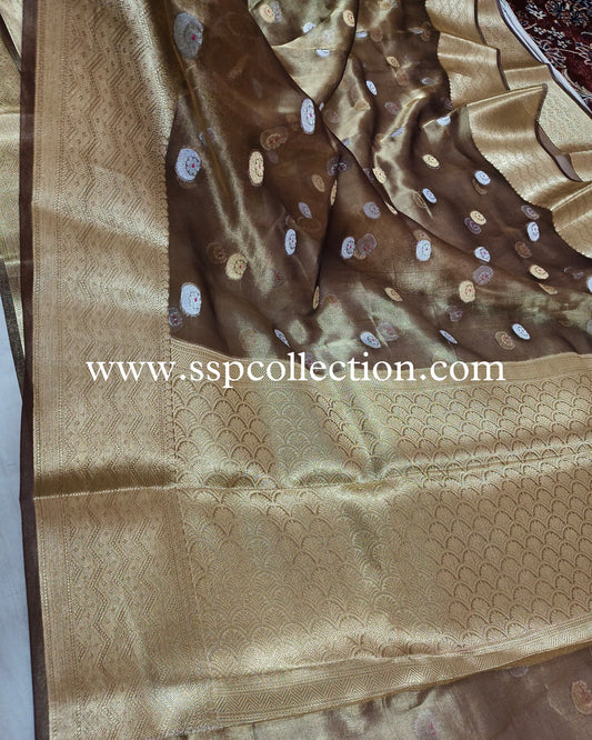 Metallic-Bronze Pure Tissue Silk Chand-Tara Banarasi Saree