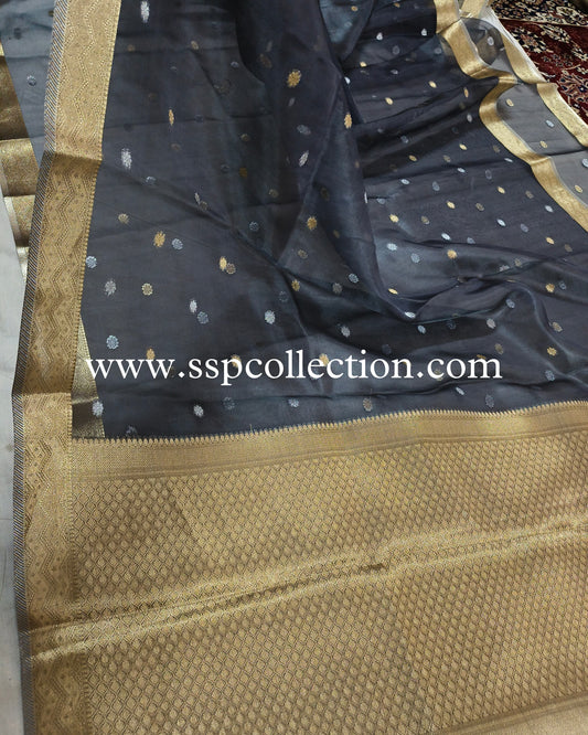 Charcoal-Gray Pure Tissue Silk Banarasi Saree