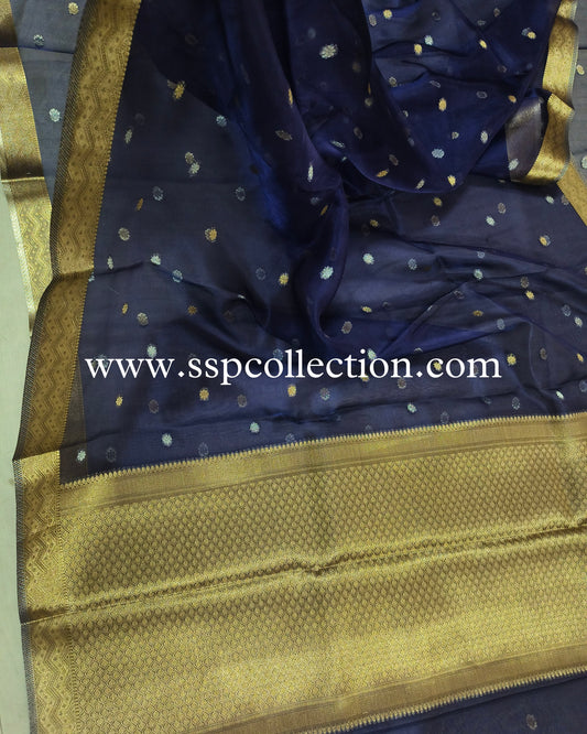 Indigo-Blue Pure Tissue Silk Banarasi Saree