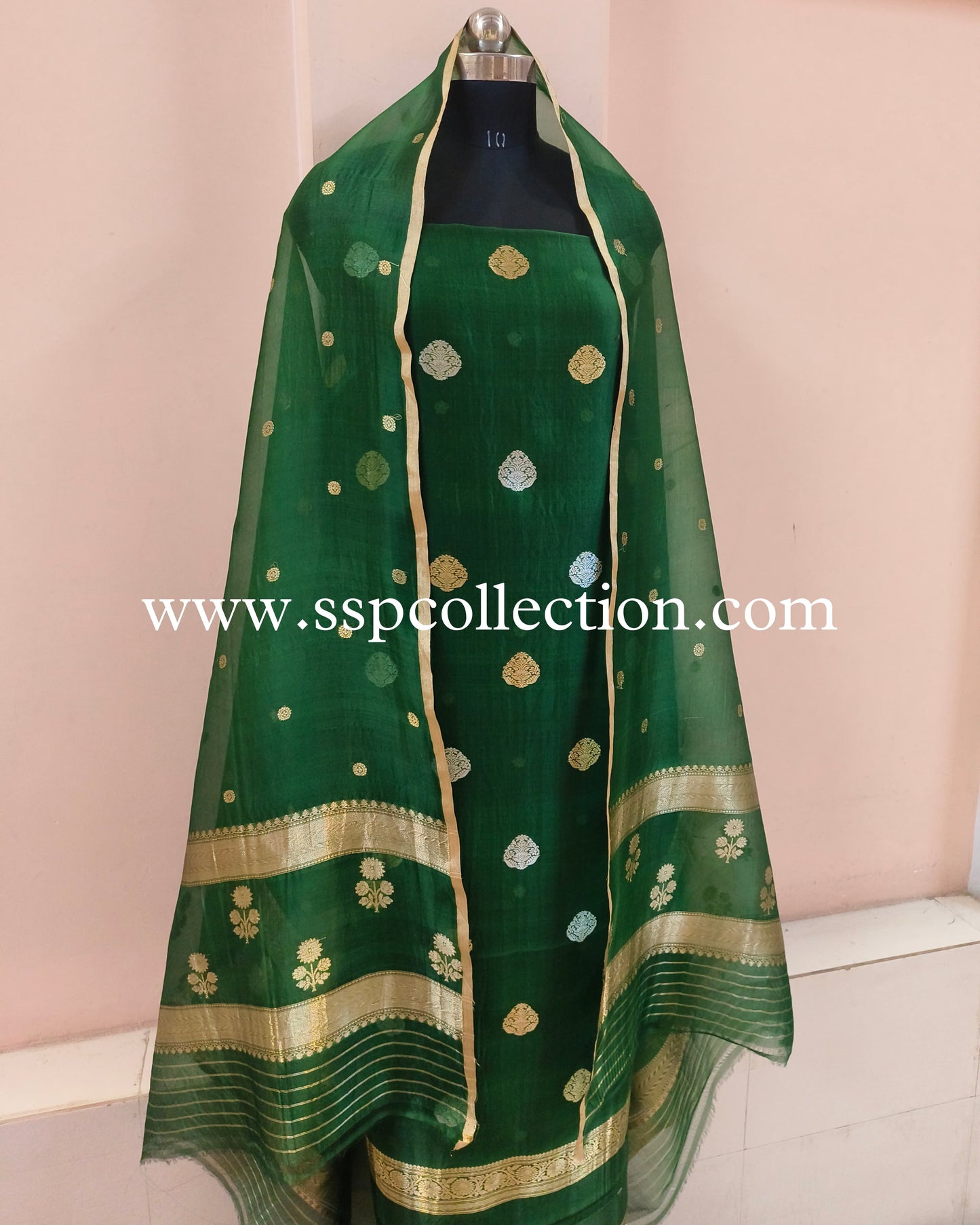 Bottle-Green Pure Kora Silk Banarasi Suit